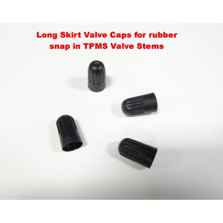 FOUR Long Skirt Tire Valve Caps for Snap In TPMS Stems used by many auto makers